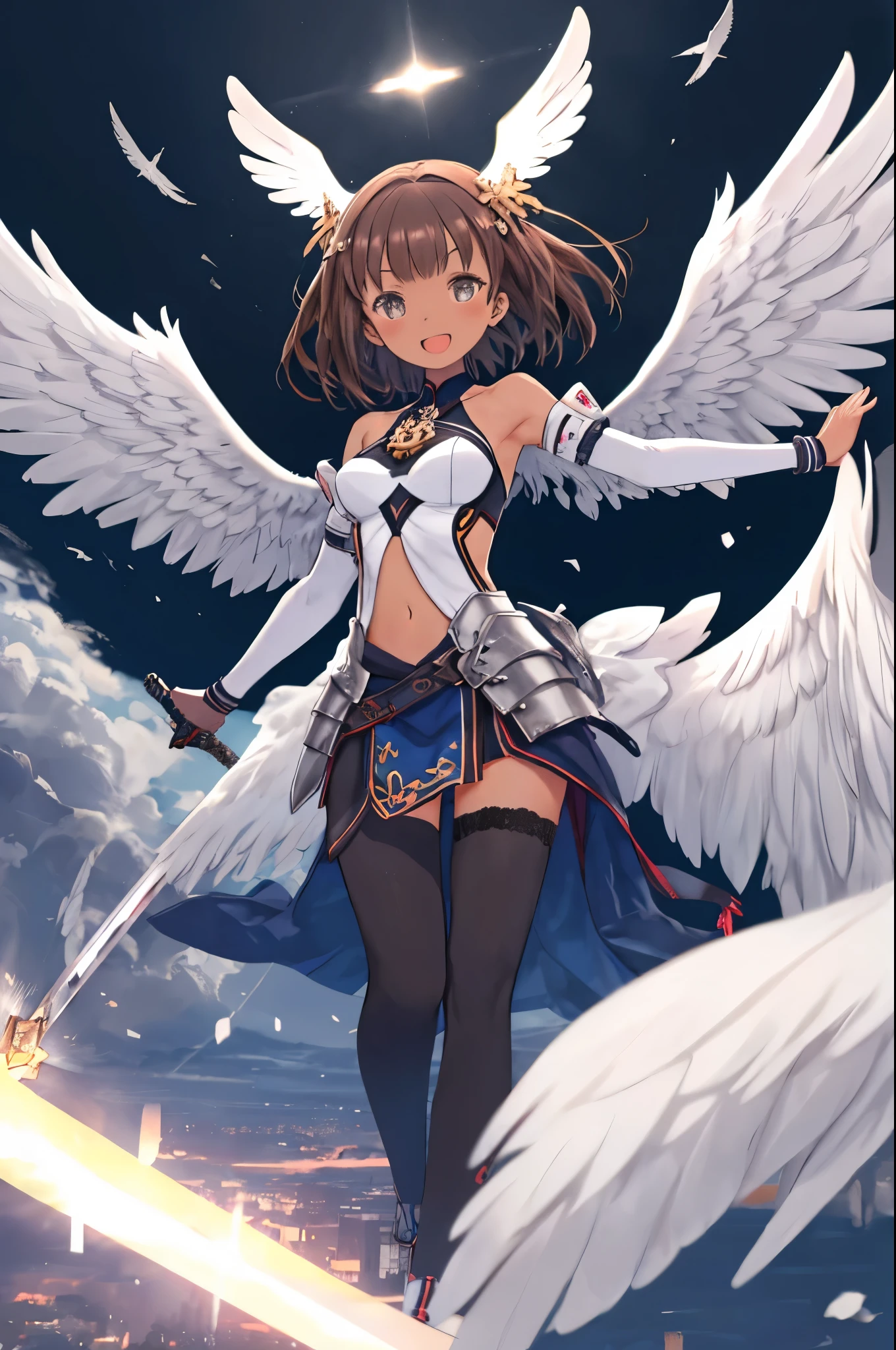 fantasy, 1angel_girl, low_teen, dark_brown_hair,long_bangs, (dark_skin)+, bare_shoulder, navel out, thighhighs,silver_shiny_armor, white_clothes,waist_armor, Glebe, hold_swords_emits_light, medium_breasts, dynamic_flying_pose,Floating, (1pair_white_wings:1.2),(pelvic_curtain:1.3), silver_Headgear ,looking_down_at_sunset_city_sky_background,,slightly_spread_legs, some_swords_emits_light,some_swords_emits_light_floating_around_the_girl,solo,glare_halo,laugh ,smile,open_mouth,open_legs,open_arms,rise_knee,rise_leg,rise_thigh,rise_leg,forward_leaning_posture,apart_legs,