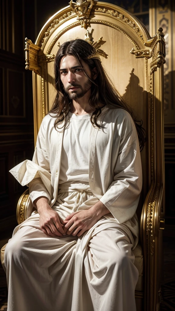 Jesus Christ on a throne with a highly shining glory a blinding light,(ultrarrealistic)