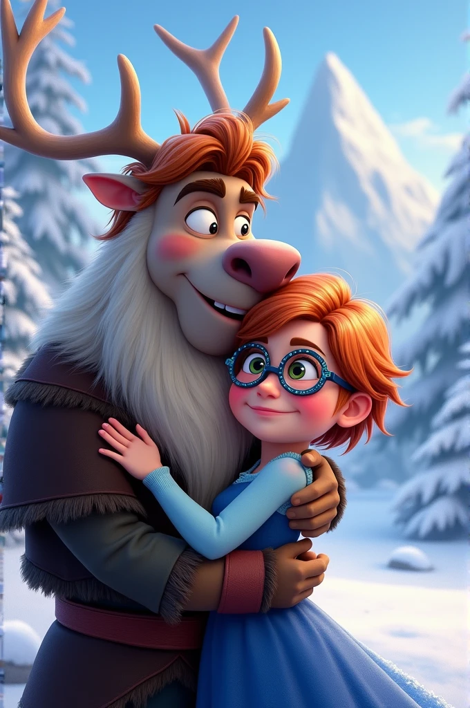 Girl with short wavy copper-colored hair with Frozen Disney style glasses, hugging Kristoff