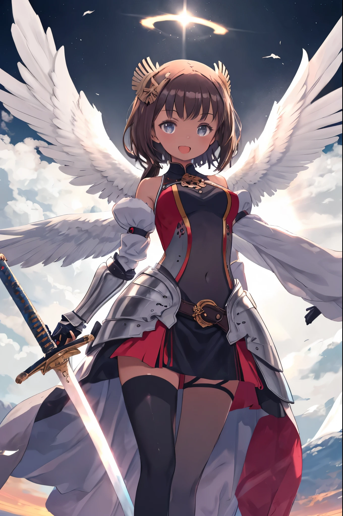 fantasy, 1angel_girl, low_teen, dark_brown_hair,long_bangs, (dark_skin)+, bare_shoulder, navel out, thighhighs,silver_shiny_armor, white_clothes,waist_armor, Glebe, hold_swords_emits_light, medium_breasts, dynamic_flying_pose,Floating, (1pair_white_wings:1.2),(pelvic_curtain:1.3), silver_Headgear ,looking_down_at_sunset_city_sky_background,,slightly_spread_legs, some_swords_emits_light,some_swords_emits_light_floating_around_the_girl,solo,glare_halo,laugh ,smile,open_mouth,open_legs,open_arms,rise_knee,rise_leg,rise_thigh,rise_leg,forward_leaning_posture,apart_legs,