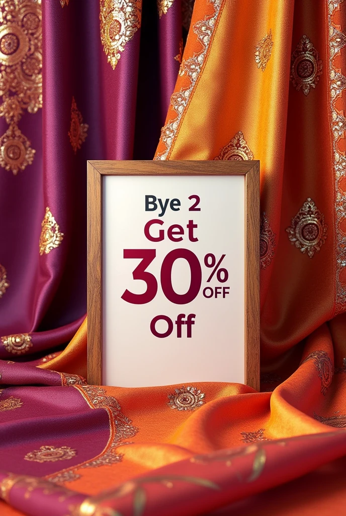 Bye 2 get 25 % discount wirteen sign bord with some asthetic saree decoration at the background
