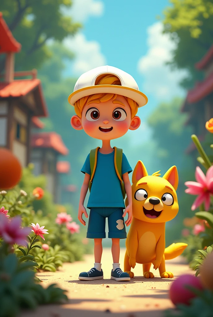 Make Finn He has a white cap and yellow hair, a blue shirt and blue shorts He  He has a yellow dog The dog stretches and speaks Finn has a white cap