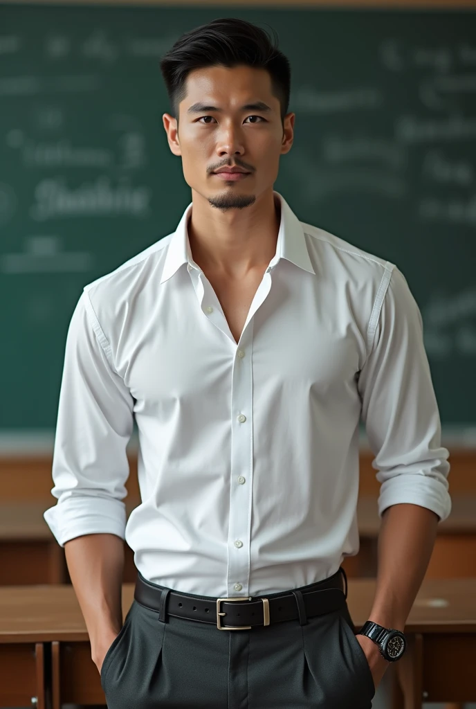 Vietnamese gentleman, 25 years old,super big breasts ,teacher,shiny tight clothes, tanned skin,Handsome and elegant, Wearing a uniform, sexy , Masculine and handsome,musculous,Muscles look good,,, Full body photo,(ultra-detailed, photorealistic, best quality, 4k, 8k, highres, masterpiece:1.3), a mature man, charming and distinguished , (muscular build body), wearing tailored shiny dress shirt, sweat, unbutton buttons shirt, lewd face ,tight chest, sex,See-through shirt, erotic, horny, , Accessories include a luxury wristwatch, in the Classroom,looking at viewer,muscle veins,no underwear ,Tight shirt makes muscle,unbutton,six pack,squat,view from below