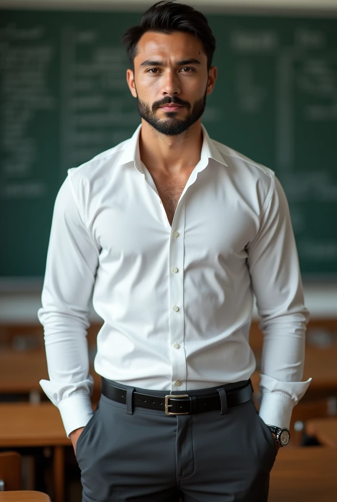 Vietnamese man, 25 years old, teacher,Handsome and elegant, Wearing a uniform, sexy , Masculine and handsome,musculous,Muscles look good,hairy bodies, with fair skin,No beard, Full body photo,(ultra-detailed, photorealistic, best quality, 4k, 8k, highres, masterpiece:1.3), a mature man, charming and distinguished , (muscular build body), wearing tailored shiny white dress shirt, with the top button casually undone, perfectly fitted charcoal trousers, sweat, unbutton buttons shirt, lewd face ,tight chest, sex,See-through shirt, erotic, horny, look straight, Accessories include a luxury wristwatch, understated cufflinks, and a simple yet elegant leather belt, in the Classroom,looking at viewer,muscle veins,no underwear