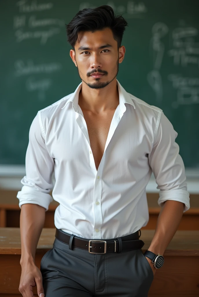 Asian man ,(hot,sexy,attractive:1.2),hunky male professor with hairy muscles,button-up shirt torn open,suit pants,full,thick,wear shirt, open chest shirt, showing off body, toned abs and full chest,big dick,pubic hairs, clean-shaven with neatly cut,sitting on classroom desk,confident gaze,classroom setting,blackboard with equations and formulas,Legs wide open, hand touching crotch,vibrant chalk colors,academic books and papers scattered on desk,messy hair,dedicated to teaching,lewd smile,lots of student attention,dreamy atmosphere,serious yet approachable vibe,HDR,ultra-detailed,physically-based rendering,sharp focus,vivid colors,wear glasses,six pack ,sexy poses,, push groin up