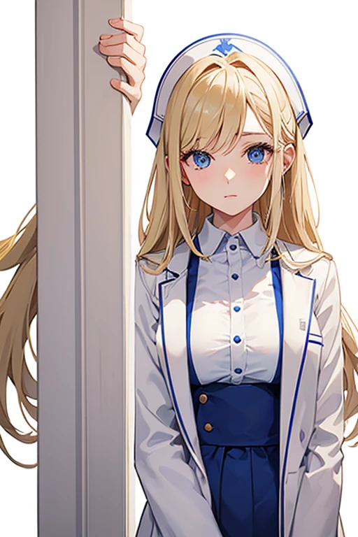 woman in her 20s, Mexican, slim build, nurse uniform, white coat, blue pants, long blonde hair, spiky hair, blue eyes, looking directly at viewer white background