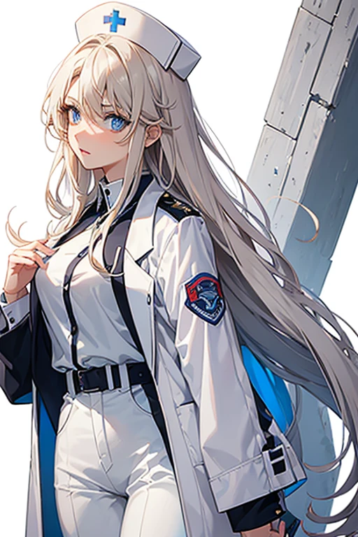 woman in her 20s, Mexican, slim build, nurse uniform, white coat, blue pants, long blonde hair, spiky hair, blue eyes, looking directly at viewer white background