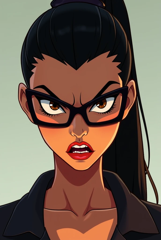 Angry sexy woman with straight hair animated square glasses eyes