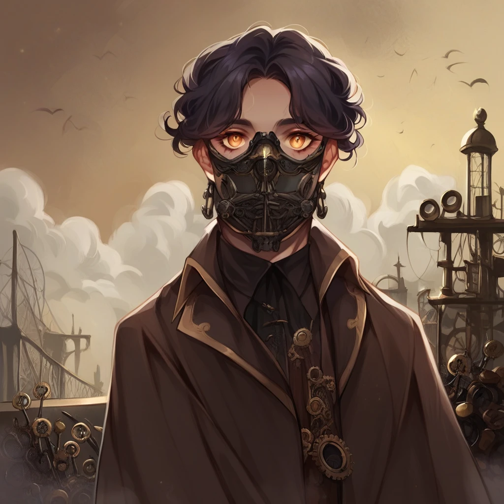 A steampunk-inspired portrait of a lady, her face partially obscured by an elaborate brass and copper mask adorned with gears and intricate clockwork. Her eyes are visible through the mask's lenses, glowing with a soft, amber light. The background is a mechanical cityscape, filled with steam vents and cogwheels, creating a sense of industrial wonder. Her hair is styled in a high, structured updo, with mechanical elements woven into the strands. The mood is adventurous and inventive, capturing the spirit of a steampunk universe.