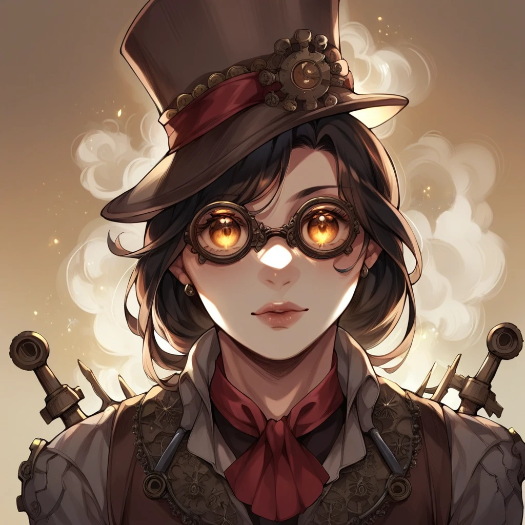 A steampunk-inspired portrait of a lady, her face partially obscured by an elaborate brass and copper mask adorned with gears and intricate clockwork. Her eyes are visible through the mask's lenses, glowing with a soft, amber light. The background is a mechanical cityscape, filled with steam vents and cogwheels, creating a sense of industrial wonder. Her hair is styled in a high, structured updo, with mechanical elements woven into the strands. The mood is adventurous and inventive, capturing the spirit of a steampunk universe.