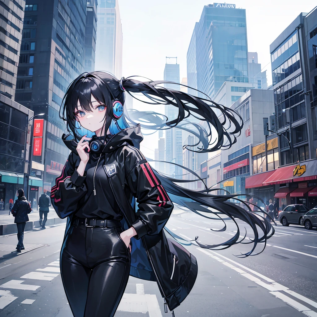 Make an anime girl that has long black hair that has a black jacket and under that jacket has a blue shirt that has black pants and that has headphones on her neck that is in the city and that appears with a pose like admiring the city in a tall building