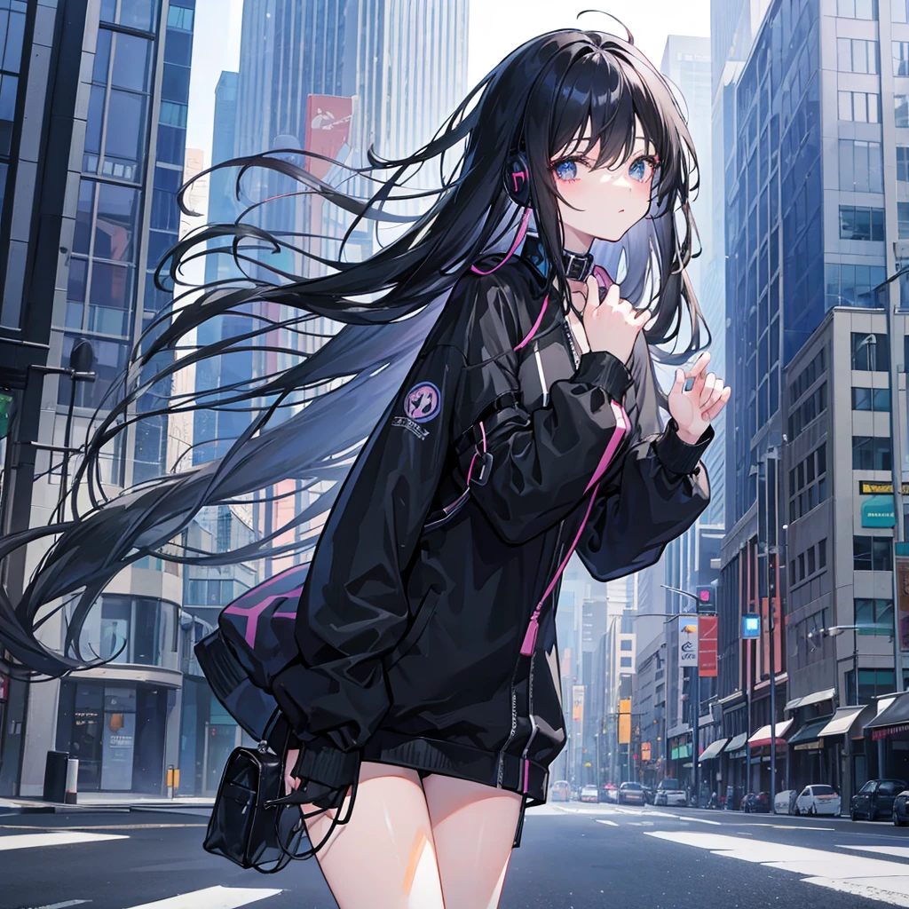 Make an anime girl that has long black hair that has a black jacket and under that jacket has a blue shirt that has black pants and that has headphones on her neck that is in the city and that appears with a pose like admiring the city in a tall building