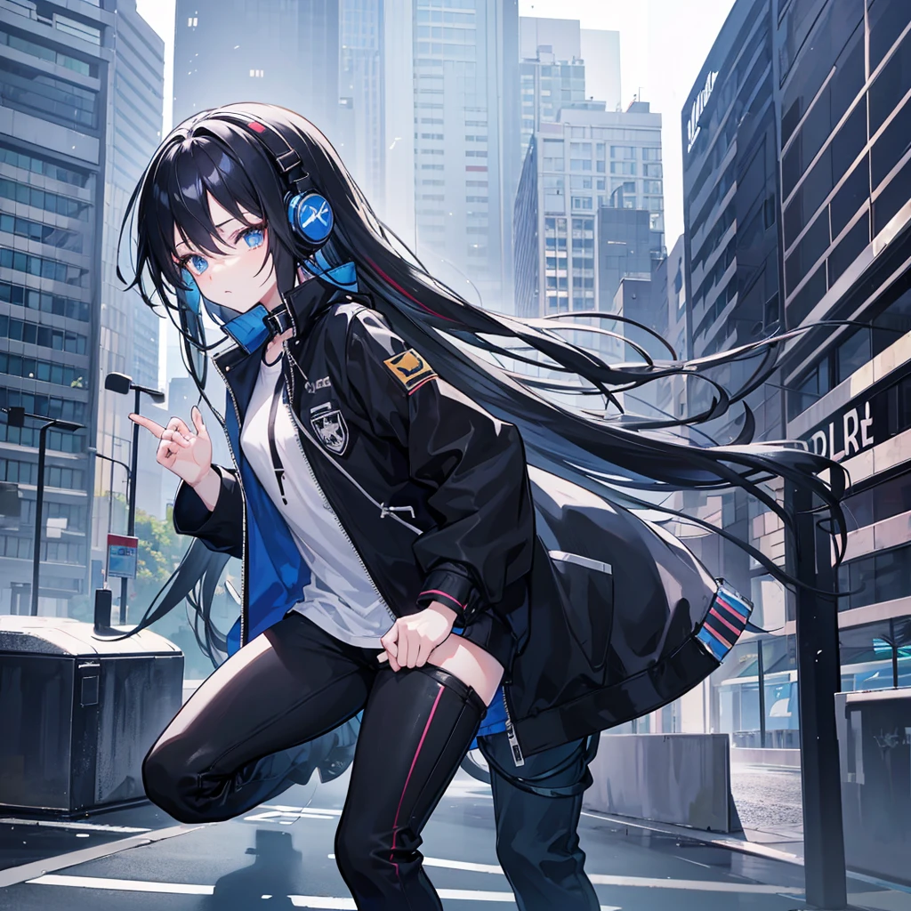 Make an anime girl that has long black hair that has a black jacket and under that jacket has a blue shirt that has black pants and that has headphones on her neck that is in the city and that appears with a pose like admiring the city in a tall building