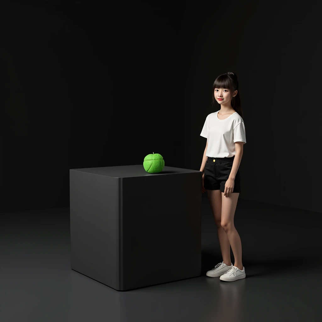 main item is a high ,black ,huge surface ,table displaying a very small green cude(size like a fist) with no shadow ,  
and a 16years old ,ponytail,CUTE, BEAUTIFUL ,asian, with Bangs,white T shirt,black shorts, big breasts(34 E CUP) ,very white skin tone teenager standing next to it 
and the whole body facing the camera
the back ground is a black wall
taking a realistic far view photo