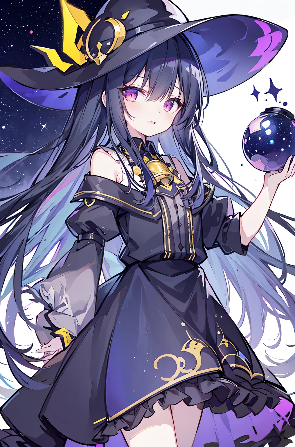 oung Girls,Humanity,A magician always smiles,big witch hat,cute,dark blue long hair,The eyes are dull,The bangs are heavy,Thin eyebrows,fantasy,intake,Double teeth,Star Theme,Constellation pattern,Solid color clothetal decoration,cloak,A bit of a dark atmosphere,A little crazy smile,When the big moon shines outside at night,blood,Hair black star embellishment,Short tie,No nails,High waist skirt,Bell sleeves,Long-sleeved shirt,Black tie,low risk,gentlemen。crap、Yellow and white effect,Shocking pink as an accent color,Starry sky background。