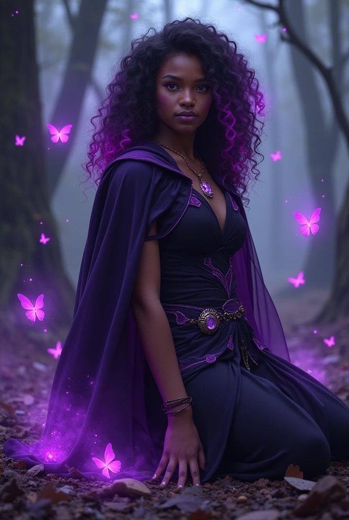 A wizard with dark purple eyes and brown skin. Your hair is curly and long, but it glows with purple lights due to magic. He possesses purple elemental magic./Violette. His outfit is black with purple details and he wears a short cape that goes down to his forearm.. Around her, there are butterflies. he is on his knees on the ground, with one hand on the ground, and your magic is visibly all around you. The background is a dark forest, partially destroyed by chaos magic