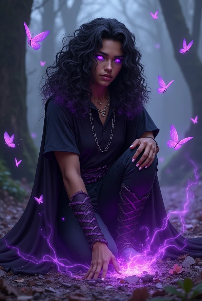 A wizard with dark purple eyes and brown skin. Your hair is curly and long, but it glows with purple lights due to magic. He possesses purple elemental magic./Violette. His outfit is black with purple details and he wears a short cape that goes down to his forearm.. Around her, there are butterflies. he is on his knees on the ground, with one hand on the ground, and your magic is visibly all around you. The background is a dark forest, partially destroyed by chaos magic