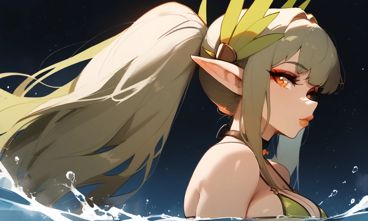 1girl, muelsyse \(arknights\), arknights \\\\\ masterpiece, best quality, very aesthetic, absurdres, newest \\\\\\ simple background, space background. lime bikini, greenery, water, orange eyes,elf ears, slim body,///// ,by nyantcha, , cutesexyrobutts,khyle ,,////// 18 years old girl,thin waist ,,solo, , stars, ^_^, portrait, ,detailed face, red glossy lips, bare neck