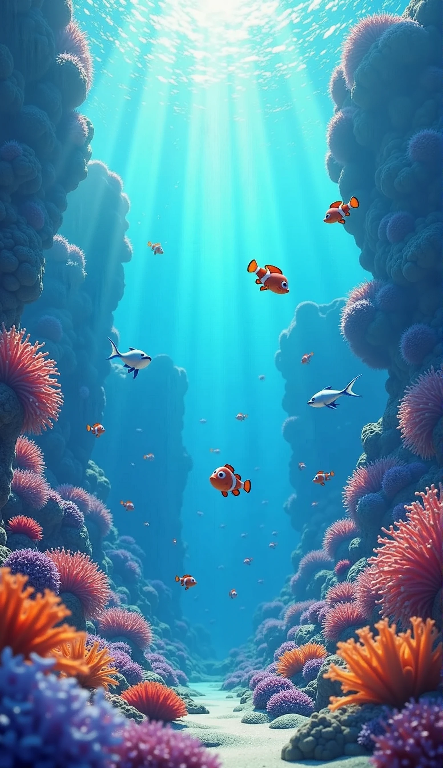 photorealistic, Viral anime nature wallpaper in 4K quality, in the style of Pixar 3D inspired by Finding Nemo, illustrating an underwater scene with vibrant coral reefs, colorful fish swimming around, and sunlight piercing through the water; bright and vivid color temperature, cosmos lighting with stars visible in the water surface, no human characters, the atmosphere is lively and magical --v 5 --stylize 1000
