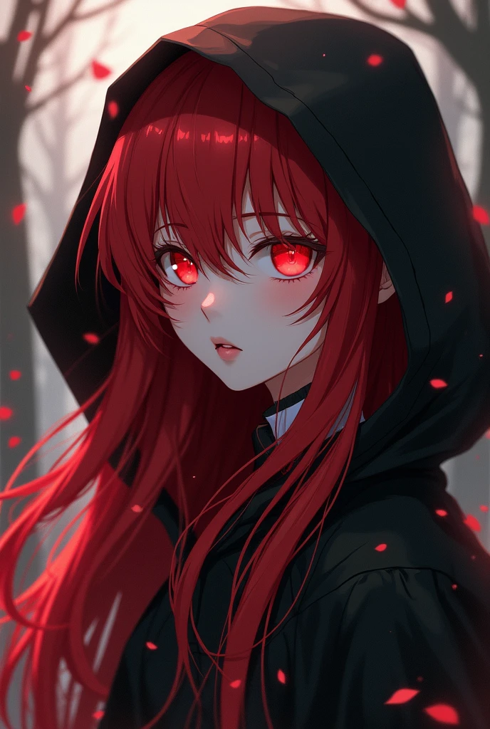 The most beautiful red haired girl with a black cape on her head in Anime with red eyes 