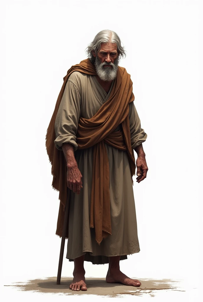 Biblical character Job elderly man with ashes on his head and wounds on his skin standing with a white background looking sad