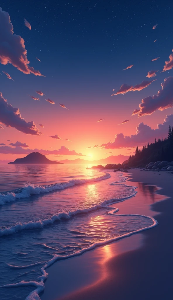 photorealistic, Viral anime nature wallpaper in 4K quality, in the style of photography with a 35mm lens inspired by Keiichi Hara, capturing a serene beach at twilight with gentle waves, a sky transitioning from orange to deep blue, and a silhouette of distant islands; warm and tranquil color temperature, cosmos lighting with stars twinkling in the sky, no human characters, the atmosphere is peaceful and reflective --v 5 --stylize 1000