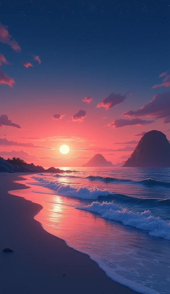 photorealistic, Viral anime nature wallpaper in 4K quality, in the style of photography with a 35mm lens inspired by Keiichi Hara, capturing a serene beach at twilight with gentle waves, a sky transitioning from orange to deep blue, and a silhouette of distant islands; warm and tranquil color temperature, cosmos lighting with stars twinkling in the sky, no human characters, the atmosphere is peaceful and reflective --v 5 --stylize 1000