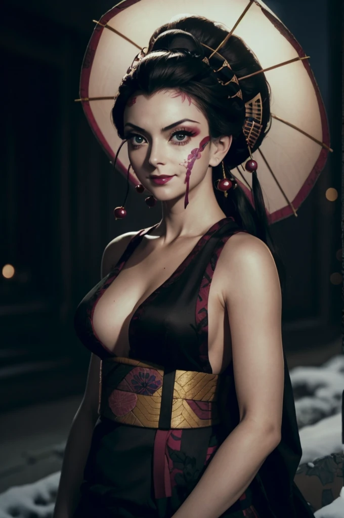 A tall samurai mature woman in realistic portrait of high quality and detail, movie style, Daki (Kimetsu no Yaiba), mature face, 43 years old, Geisha, white makeup, She has Japanese traditional hairstyle, traditional hairstyle-nihongami, black eyes, pale skin, asian girl, She is wearing a traditional Japanese pink armor, blood on her clothes, medium breast, curvy body, milf, mole on her face, dark fantasy, dark atmosphere, dramatic look, glow, eye shadow, 1girl, Depth & Perspective, angry smiling face, fine face, She's standing in the japanese street, outdoors, snow on background, winter, night time, looking at viewer, (ultra-high detail:1.2), Masterpiece, Best Quality, Ultra-detailed, Cinematic lighting, 8K, delicate features, cinematic, 35 mm lens, f/1.9, highlight lighting, global lighting –uplight –v 4, cinematic, Cinematic lighting, 8K, high quality, Highest Quality, (Solo Focus), (extremly intricate:1.3), (Realistic), masterful, Analog style, (Film grain:1.5), (cold tone),