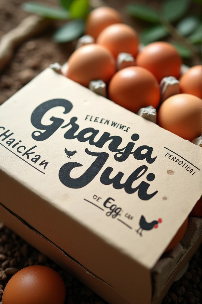 Create a label for a box of chicken eggs with the text Granja Juli written on the label