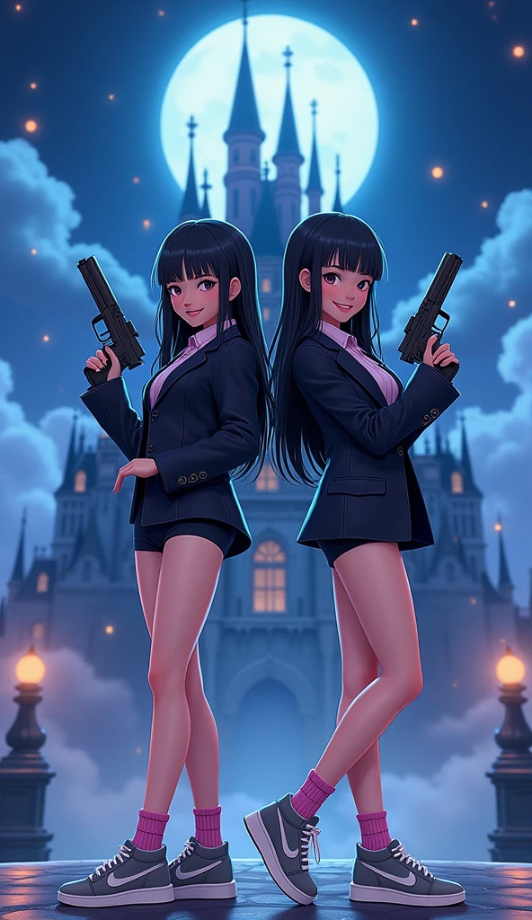 Two girls, action, "first girl long black hair wear a black suit, pink shirt, black pencil skirt, black underpants, pink socks, white sneakers, holding a uzi handgun" and "second girl long black hair wear a black suit, grey shirt, black pencil skirt, black underpants, grey socks, white sneakers, holding a uzi handgun", back to back, smile, the night castle, fantasic night sky, moon, novel cartoon, 4K, HD