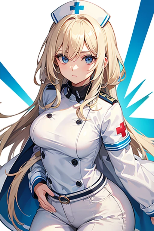 woman in her 20s, Mexican, slim build, nurse uniform, white coat, blue pants, long blonde hair, spiky hair, blue eyes, looking directly at viewer white background