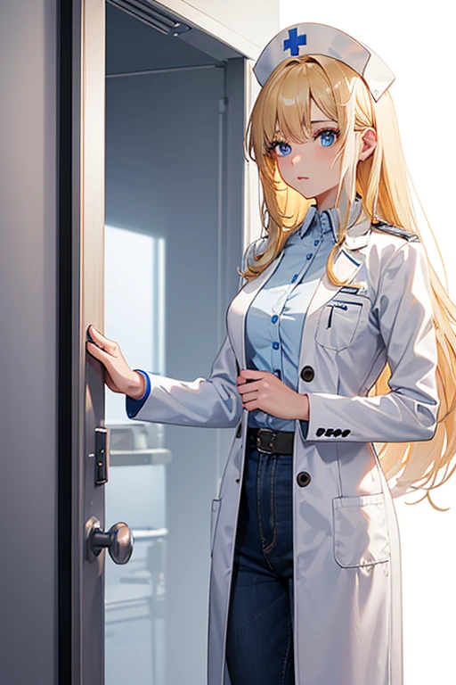 woman in her 20s, Mexican, slim build, nurse uniform, white coat, blue pants, long blonde hair, spiky hair, blue eyes, looking directly at viewer white background