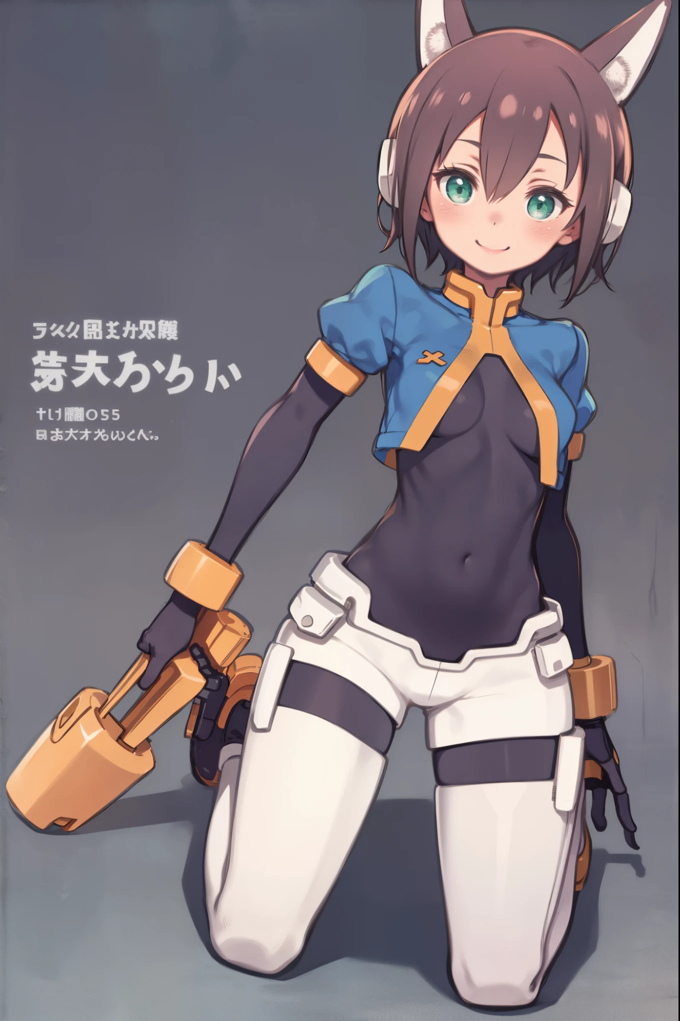 aile_megamanzx, kneeling with one hand on the ground and the other arm raised, 1girl, solo, short hair, brown hair, short sleeves, (bodysuit), robot ears, green eyes, very_short_shorts, short sleeves, short over long sleeves, smile, in futuristic city, , high quality, medium_breasts,crotch, slouch,groin,solo