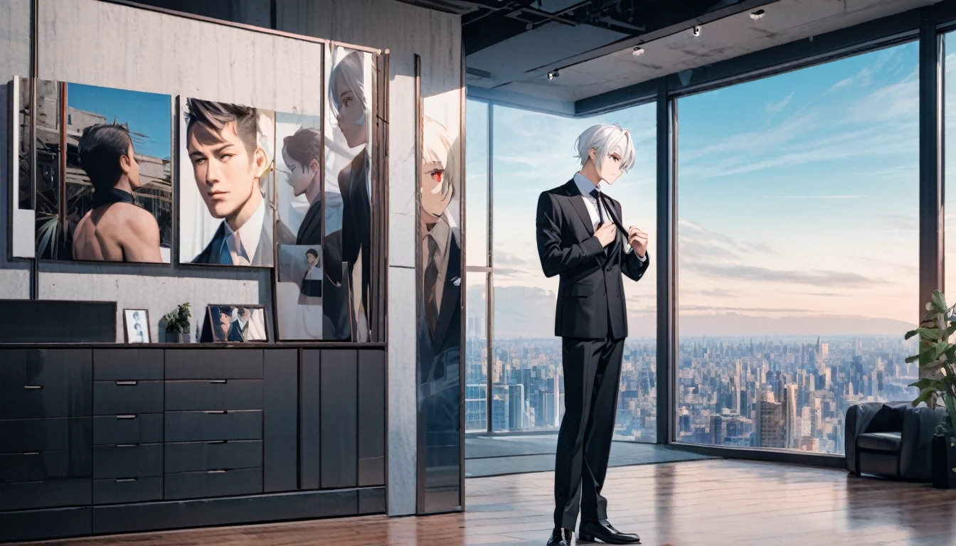 Chico, Alone, standing, adjusting his tie, whole body, a photo of a man in his twenties, shiny black suit, White hair, arranged to one side, Red eyes, big company, large windows, blue and clear sky, soft colors