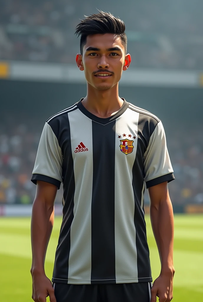 Joueur de foot espagnol quon voit entierement avec un maillot blanc et noir
Âge : 17
Taille : 1m86
Poids :
68kg
**Physique** :
_Description physique de votre personnage._
Visage : normal
Carnation : métisse
Yeux : marrons
Sourcils : peu epais
Nez : petit
Bouche : normale
Pommettes et mâchoire : carrés
Menton : normal
Oreilles : normal
Cheveux : mid taper noir
Pilosité : légère moustache