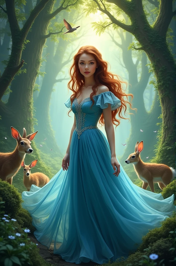 Cover of a movie about a beautiful princess in a blue dress, in an enchanted forest, full of animals. 