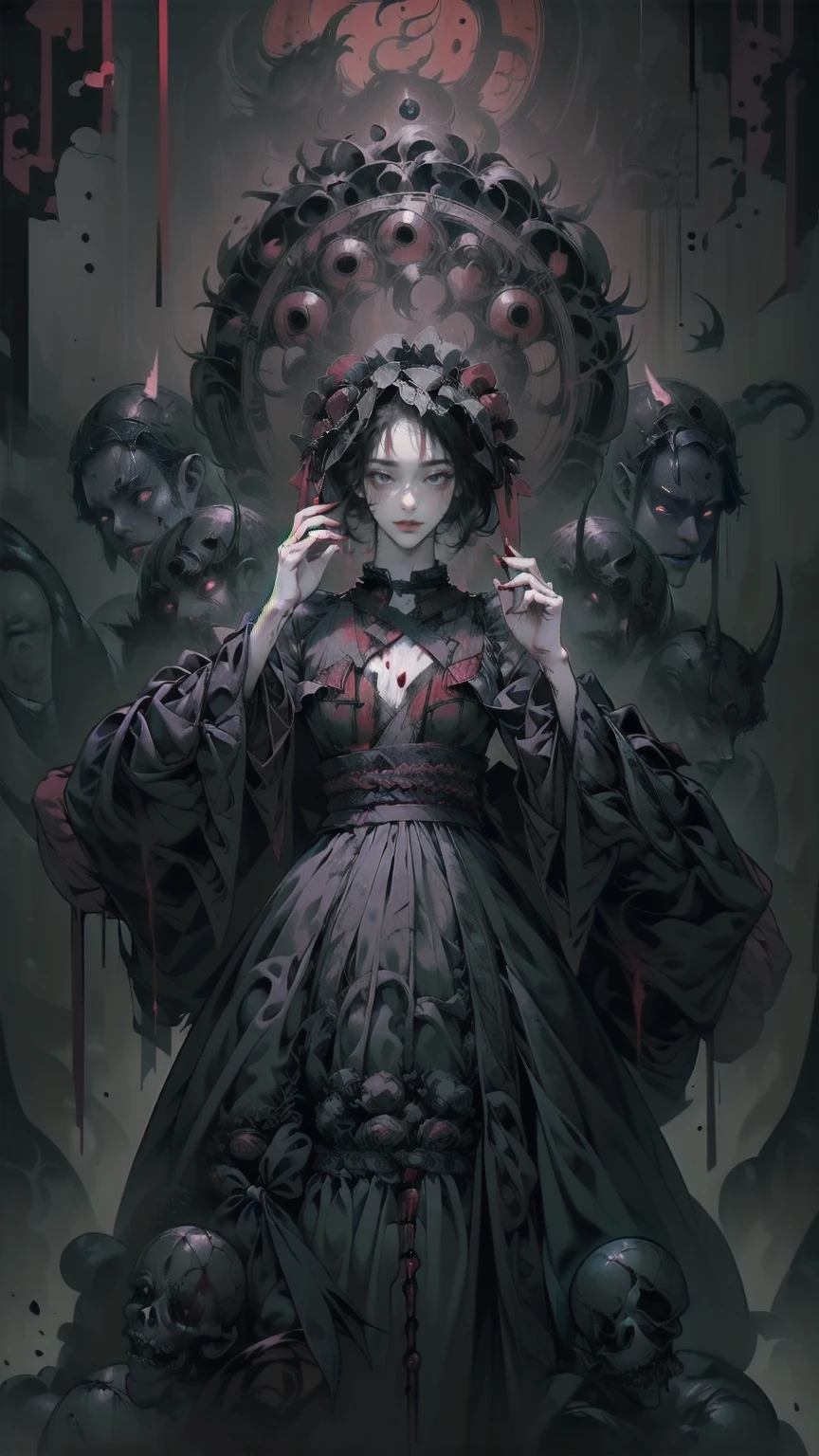 .(最high quality,4K,High resolution,masterpiece:1.2),Very detailed,Realistic:1.37,Spooky altar background,Dark fantasy,Red color scheme,Ominous atmosphere,Eye-catching,Storytelling,anatomy,Anime Style,Concept Art,beautiful細部までこだわった顔と (((Red eyes ))),A terrifying ritual ,devilの儀式,Premature death,inappropriate behavior,Crazy Smile,Scythe Face,Girl Monster, (beautiful), ((pretty girl)), (NFSW:1.8), alone,(10 years old:1.6)、(world&#39;最も恐ろしく不気味なdevilの少女:1.5)beautiful face、Whole Body Ezbian、pale, Beautiful Skin、beautiful金の髪、Smiling Kindly、Dark building ruins、(snow white&#39;Frill dress:1.3)、(The dark ruins are stained with blood:1.3)、Low angle full body shot、(A girl stands in a pool of blood:1.5)、(The ground is full of blood:1.3)、(The girl lost a lot of blood...:1.3)、(Crazy Smile:1.6)、Spirits、(Blood dripping from the mouth:1.3)、(masterpiece,最high quality,high quality)), ((8K wallpapers integrated with high-definition CG)), (Huge and stunning goddess shot, Very hot and sexy, Amazing beauty, Perfect Proportions, beautiful体, Slim body beauty:1.3), (human vs. devil)), human vs devil is a new game coming to consoles, human, Gameplay stills, ((Zombie girl eaten by human　vs, Hands wrapped around her body, Mucus, close up of angry face:1.5)), ((human + devilのお姫様:1.3)), human and zombie fight, video Screenshots of the game, ((devilのお姫様 running towards viewer, human ivy entangled with devilのお姫様:1.5)), Game CG, Screenshots of the game, Gameplay footage, Very detailedな, Key Art, Video game stills, Deadly villain, ((humanモンスター, Monster Face, Scary face, Branches that stretch out like hands:1.5)), ((devilのお姫様 , Grey face and body, Tilt your head, Barefoot and wearing a torn shirt, Cleavage, Thighs, Detailed blood and mud stains:1.5)), Album art, high quality screenshot, Dynamic configuration,
