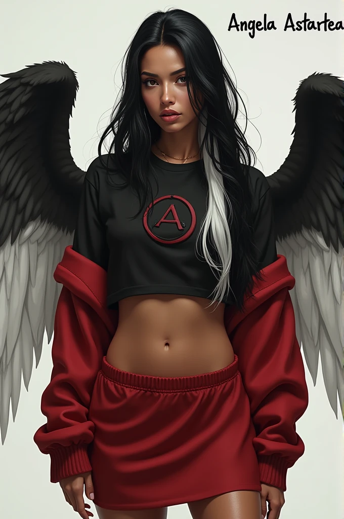 Light brown-skinned woman with long black hair and a white lock wearing a black shirt with a short red sweater that reaches above her waist and has a black logo and a red skirt and has two-tone wings on her back, one is black and the other is white and on one side has the text "Angela Astartea" in large letters in a corner of the image