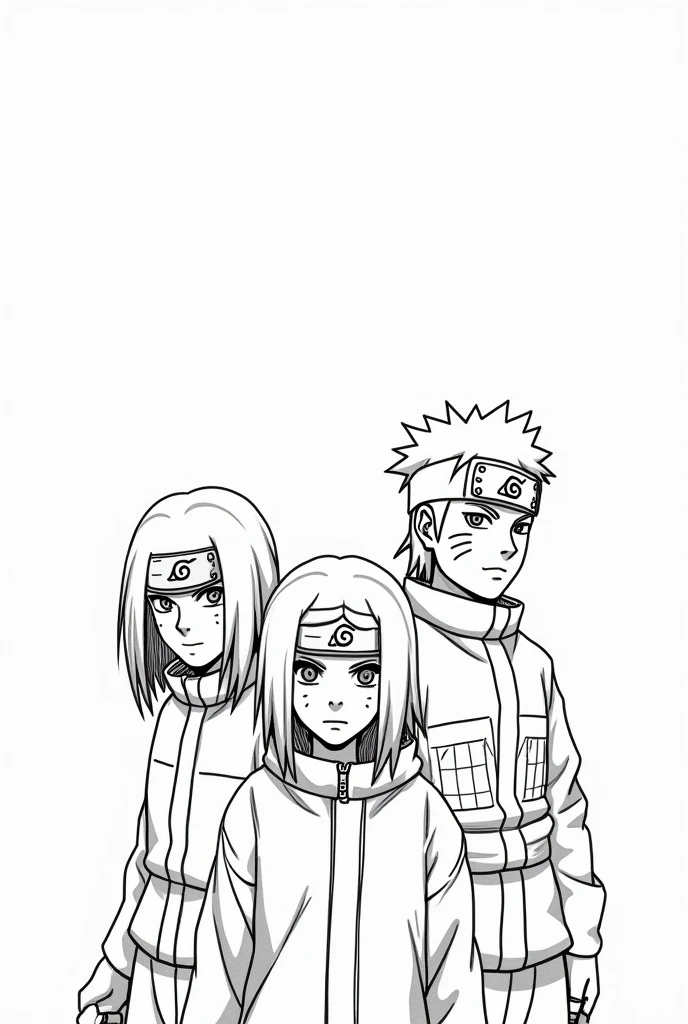 a black and white illustration with naruto characters, in poster style with main characters, with your mouth closed, and cannot repeat. There must be an empty white background, no shading, with open space between the lines.