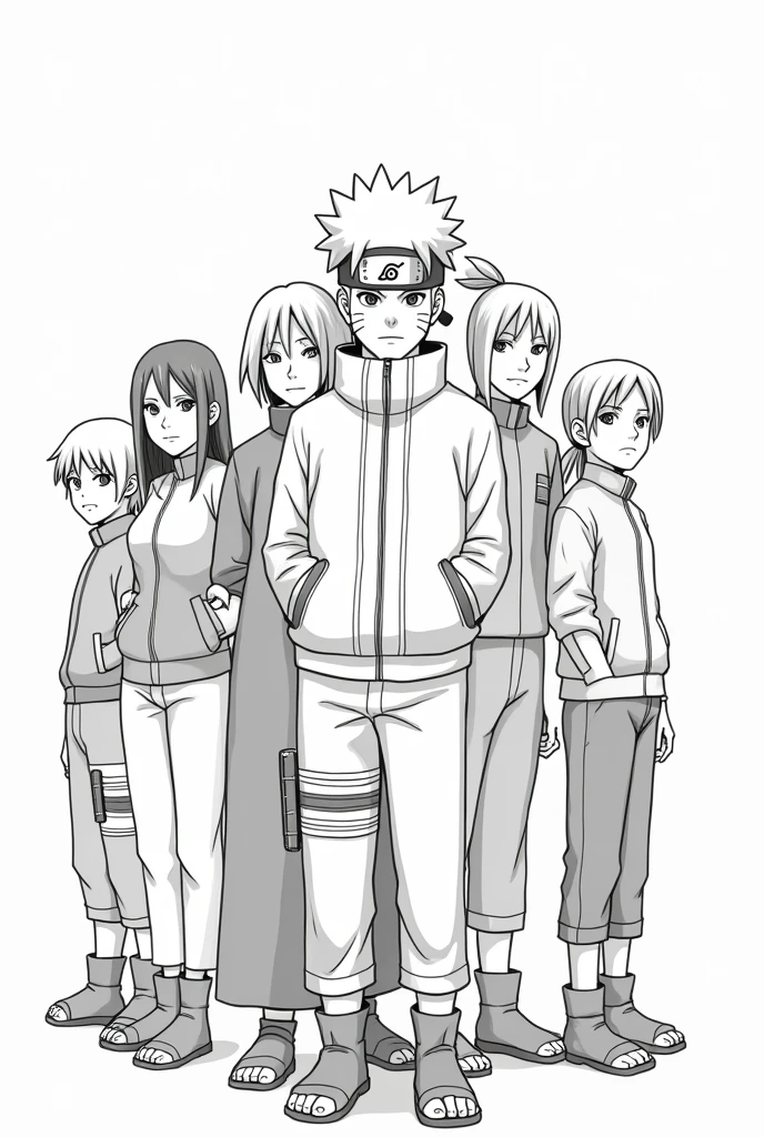 a black and white illustration with naruto characters, in poster style with main characters, with your mouth closed, and cannot repeat.  There must be an empty white background, no shading, with open space between the lines.