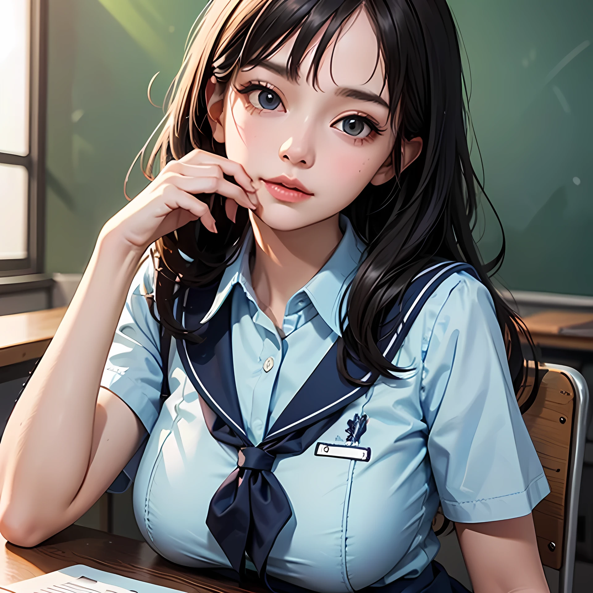 masterpiece, Highest quality, Super detailed, 8K Photo, 1 girl, (Light blue school uniform:1.3), (Large Breasts), desk, breast rest, (Captivating look:1.2), (close-up waist), [from side]