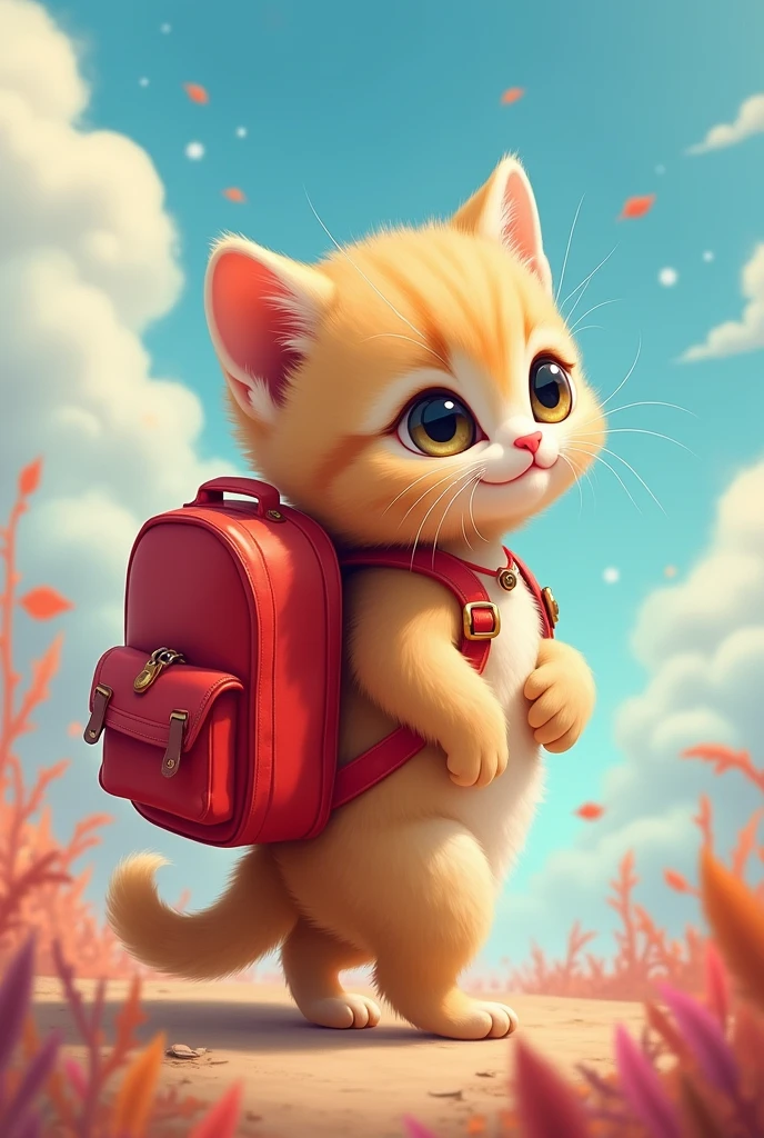 Kitten with a red backpack