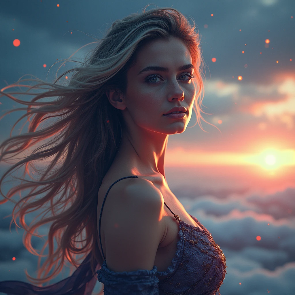 a woman standing on the edge of the horizon, looking at the camera, sci-fi style, detailed facial features, high quality, 8k, photorealistic, ultra-detailed, dramatic lighting, glowing cosmic energy, flowing hair, surreal landscape, digital art, elegant, serene expression, intricate details, vibrant colors
