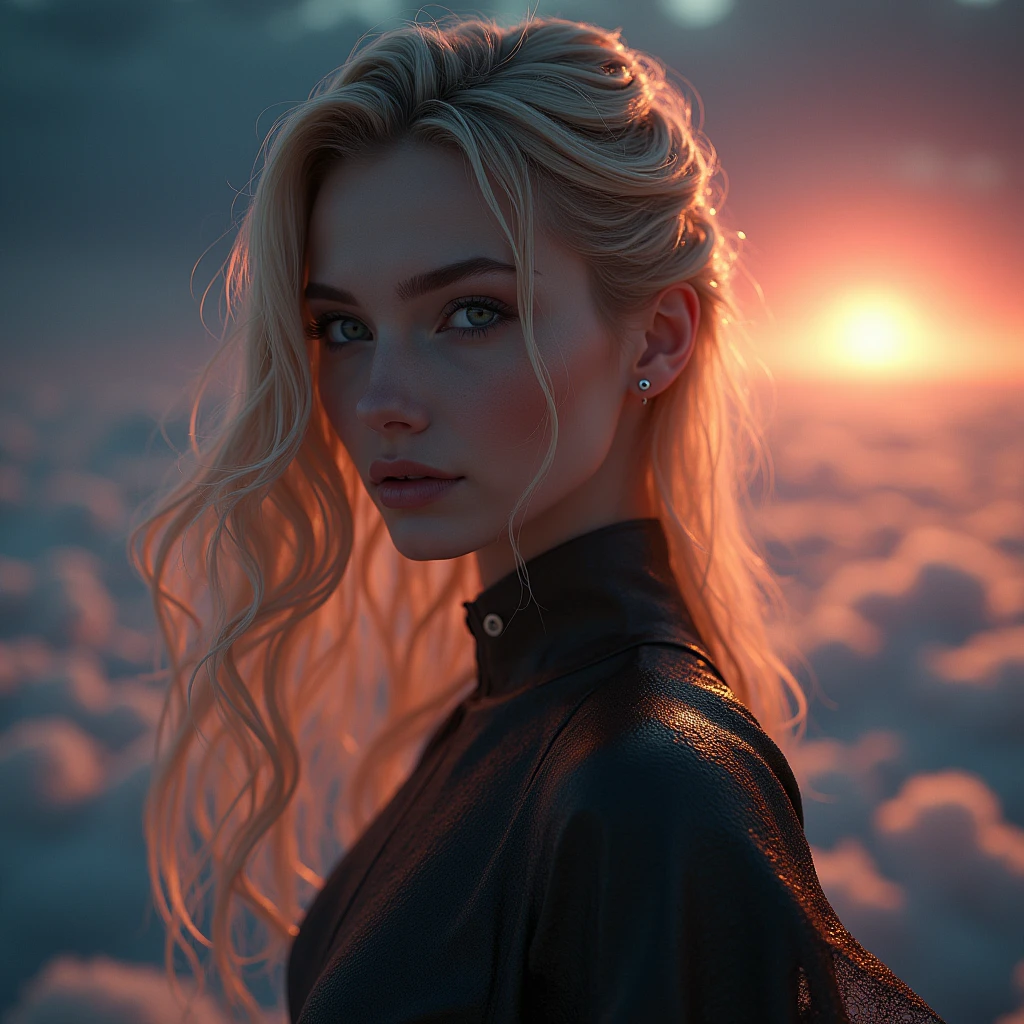 a woman standing on the edge of the horizon, looking at the camera, sci-fi style, detailed facial features, high quality, 8k, photorealistic, ultra-detailed, dramatic lighting, glowing cosmic energy, flowing hair, surreal landscape, digital art, elegant, serene expression, intricate details, vibrant colors