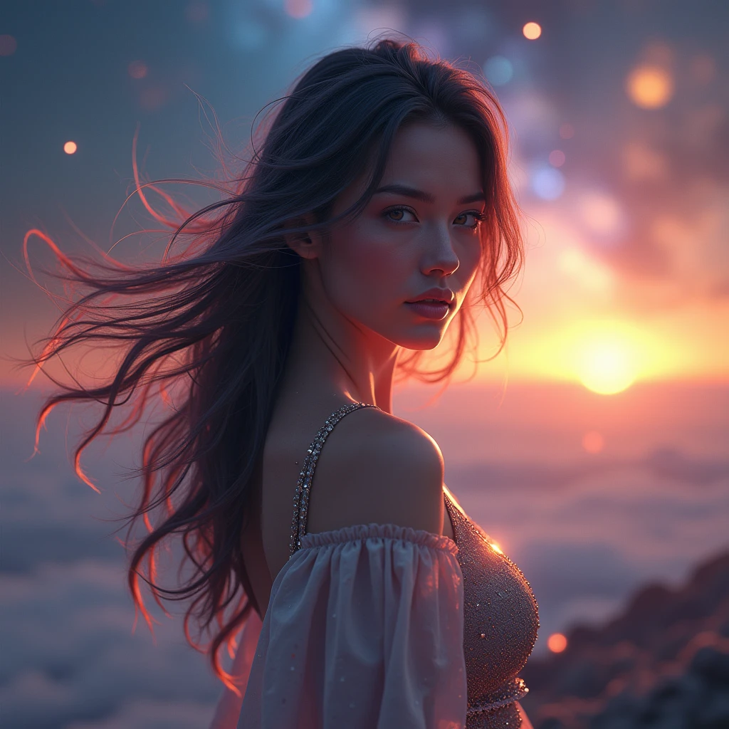 a woman standing on the edge of the horizon, looking at the camera, sci-fi style, detailed facial features, high quality, 8k, photorealistic, ultra-detailed, dramatic lighting, glowing cosmic energy, flowing hair, surreal landscape, digital art, elegant, serene expression, intricate details, vibrant colors