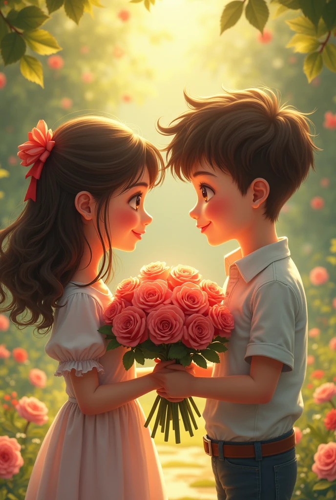 A boy giving a rose bouquet to a girl 
