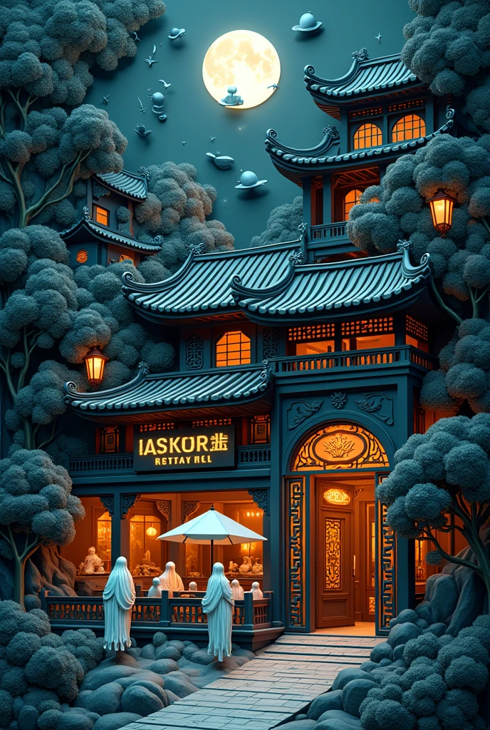 Papercut art. Kirigami. A very detailed and intricate cutout of an ancient chinese restaurant with a lot of chinese food flying, ghosts and trees, mystery dark atmosphere