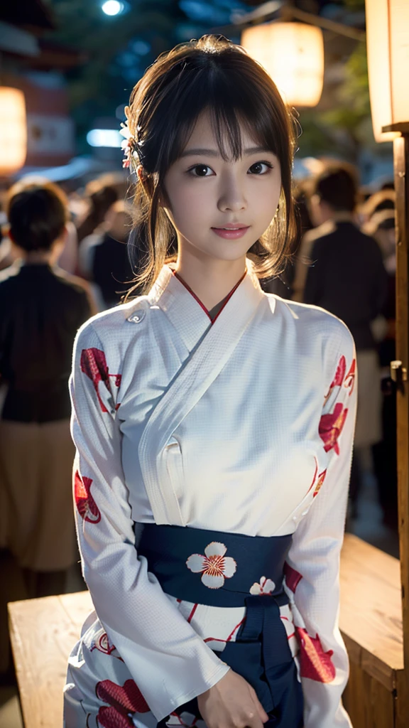 masterpiece, Highest quality,16K, Ultra-high resolution,The light and shadow of reality,Cinema Lenses,((Very skinny)),((Very firm and shapely beautiful large breasts)),((Very slim and beautiful thighs)),((High nose、Small Mouth)),((Clean and slim face line)),((Big dark eyes with long eyelashes)),((Very small face))((Very slim and beautiful arms)),((She is very thin and has a great figure)),((Pure white beautiful skin)),((Cute Japanese Girls)),((((yukata,Japanese Kimono))),((((Kimono with floral pattern with long sleeves)))),((((At a night festival)))),(Beautiful Eyes:1.1),Reflecting clear eyes and a gentle smile,