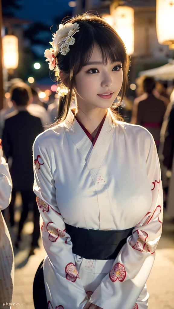 masterpiece, Highest quality,16K, Ultra-high resolution,The light and shadow of reality,Cinema Lenses,((Very skinny)),((Very firm and shapely beautiful large breasts)),((Very slim and beautiful thighs)),((High nose、Small Mouth)),((Clean and slim face line)),((Big dark eyes with long eyelashes)),((Very small face))((Very slim and beautiful arms)),((She is very thin and has a great figure)),((Pure white beautiful skin)),((Cute Japanese Girls)),((((yukata,Japanese Kimono))),((((Kimono with floral pattern with long sleeves)))),((((At a night festival)))),(Beautiful Eyes:1.1),Reflecting clear eyes and a gentle smile,