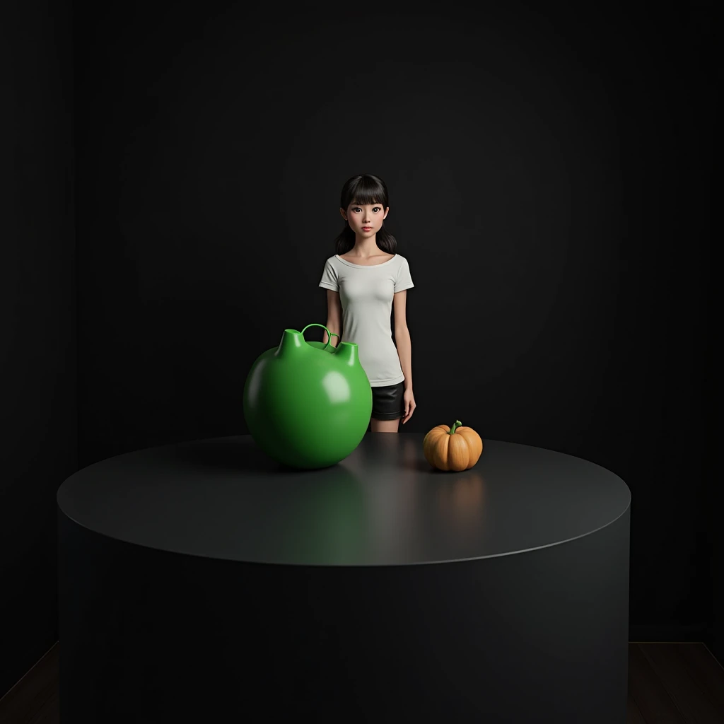 main item is a high ,black ,huge surface ,table displaying a very small green cude(size like a fist) with no shadow ,
and a 16years old ,ponytail,CUTE, BEAUTIFUL ,asian, with Bangs,white T shirt,black shorts, big breasts(34 E CUP) ,very white skin tone lady standing next to it
and the whole body facing the camera
the back ground is a black wall
taking a realistic far view photo